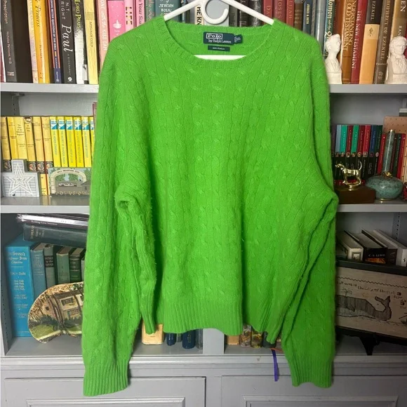 Polo Ralph Lauren Vintage 100% Cashmere Cable Knit Sweater Men Lime Green XL - Picture 1 of 5